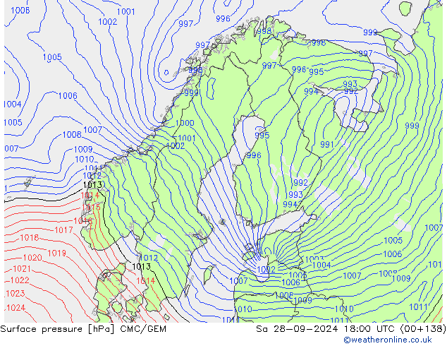 Surface pressure CMC/GEM Sa 28.09.2024 18 UTC