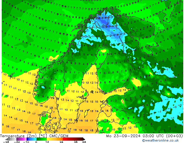 Temperaturkarte (2m) CMC/GEM Mo 23.09.2024 03 UTC