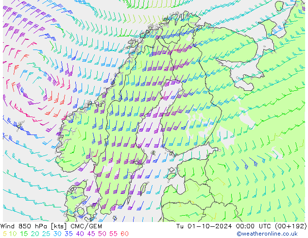 Wind 850 hPa CMC/GEM Út 01.10.2024 00 UTC