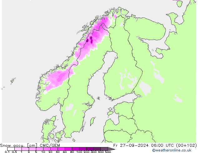 Snow accu. CMC/GEM Pá 27.09.2024 06 UTC