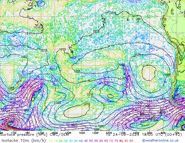 Izotacha (km/godz) CMC/GEM wto. 24.09.2024 18 UTC