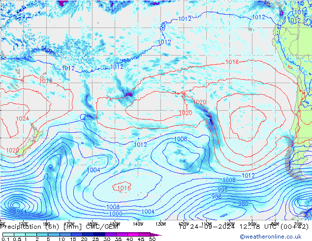 Precipitation (6h) CMC/GEM Út 24.09.2024 18 UTC