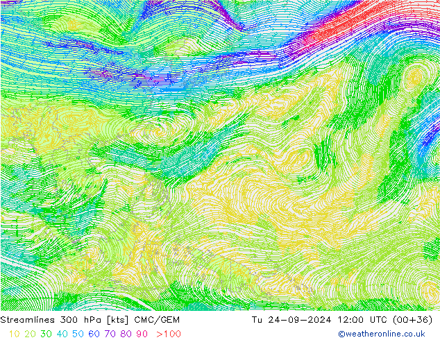 Streamlines 300 hPa CMC/GEM Út 24.09.2024 12 UTC