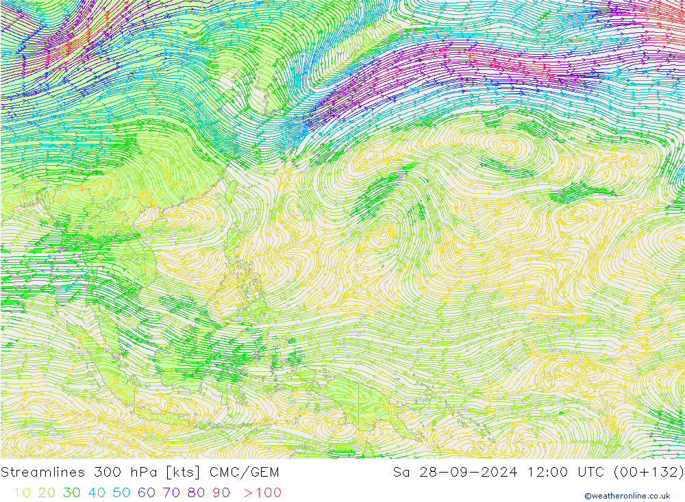 Linia prądu 300 hPa CMC/GEM so. 28.09.2024 12 UTC