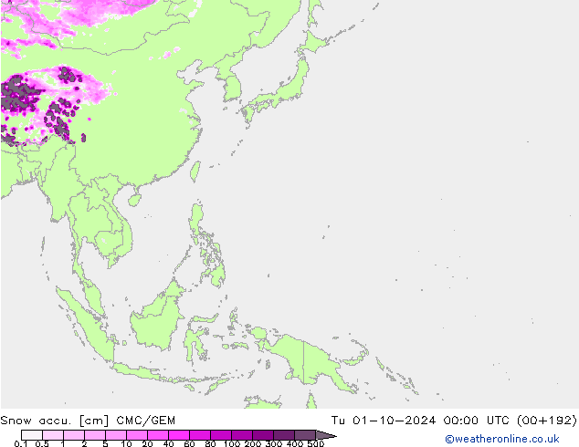 Snow accu. CMC/GEM Tu 01.10.2024 00 UTC