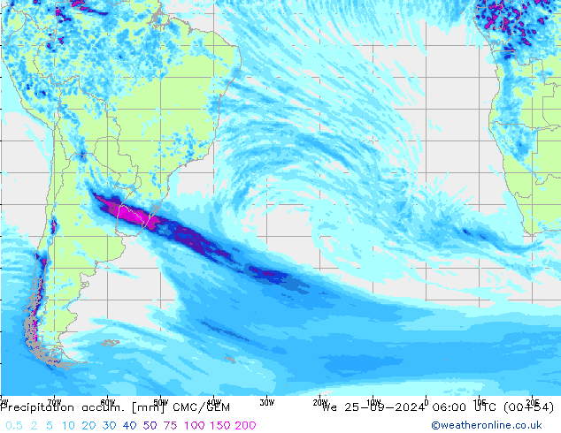 Precipitación acum. CMC/GEM mié 25.09.2024 06 UTC