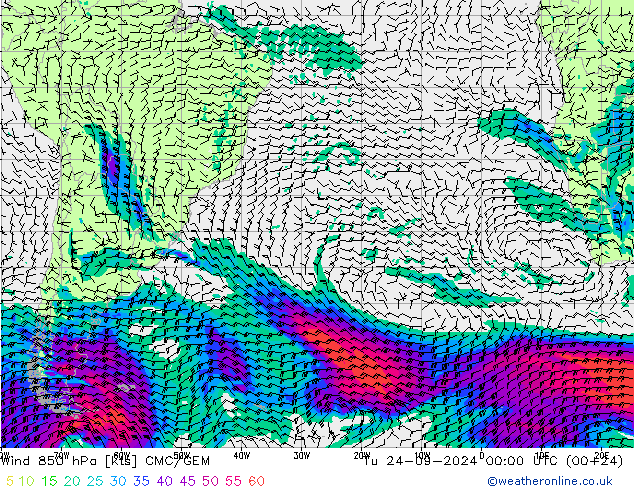 Wind 850 hPa CMC/GEM Út 24.09.2024 00 UTC