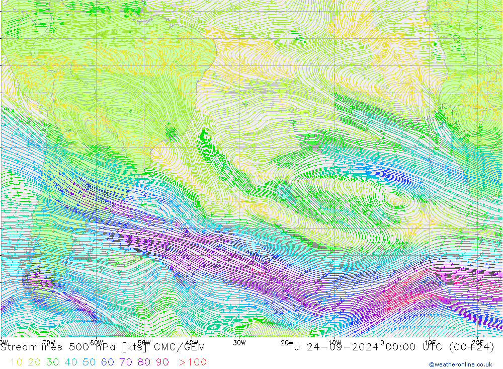 Linha de corrente 500 hPa CMC/GEM Ter 24.09.2024 00 UTC