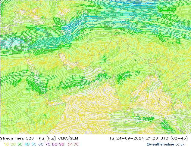 Ligne de courant 500 hPa CMC/GEM mar 24.09.2024 21 UTC