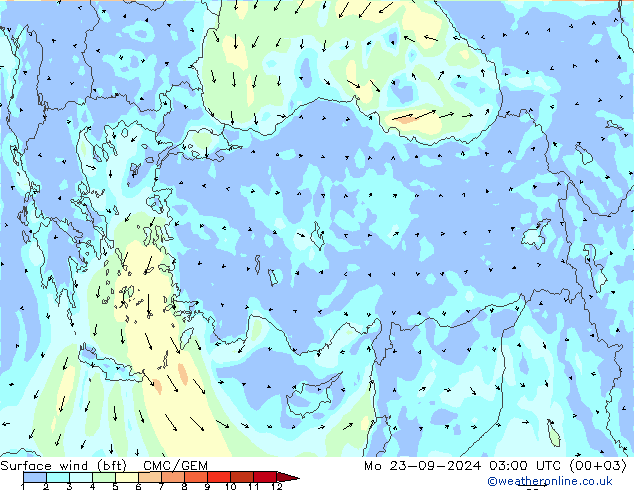 Surface wind (bft) CMC/GEM Mo 23.09.2024 03 UTC