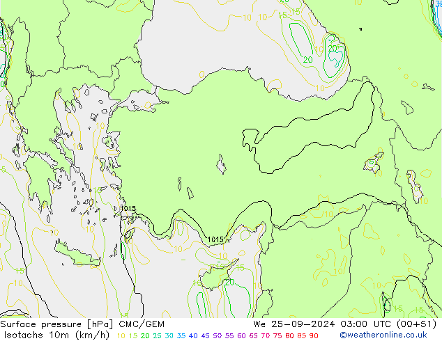 Isotachs (kph) CMC/GEM mer 25.09.2024 03 UTC