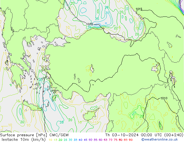 Isotachs (kph) CMC/GEM Th 03.10.2024 00 UTC