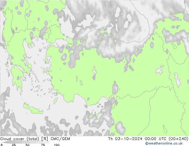 Cloud cover (total) CMC/GEM Čt 03.10.2024 00 UTC