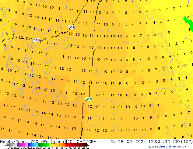 Yükseklik/Sıc. 700 hPa CMC/GEM Cts 28.09.2024 12 UTC