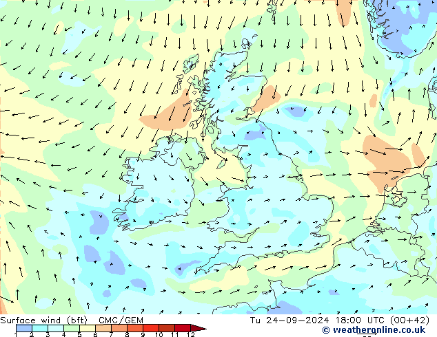 Bodenwind (bft) CMC/GEM Di 24.09.2024 18 UTC