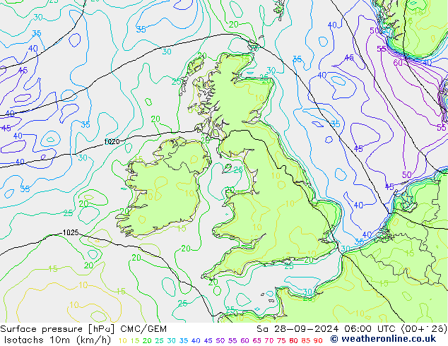 Isotaca (kph) CMC/GEM sáb 28.09.2024 06 UTC