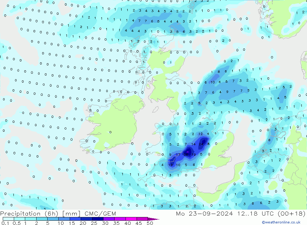 Precipitation (6h) CMC/GEM Mo 23.09.2024 18 UTC