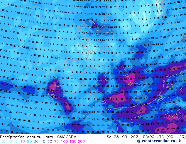 Totale neerslag CMC/GEM za 28.09.2024 00 UTC