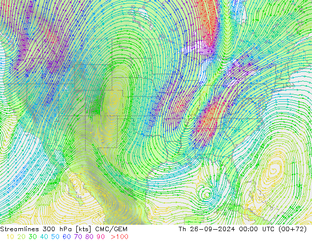 Streamlines 300 hPa CMC/GEM Th 26.09.2024 00 UTC