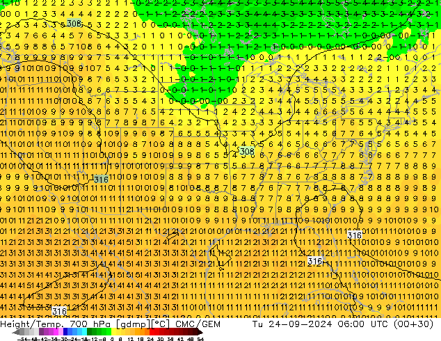 Height/Temp. 700 hPa CMC/GEM mar 24.09.2024 06 UTC