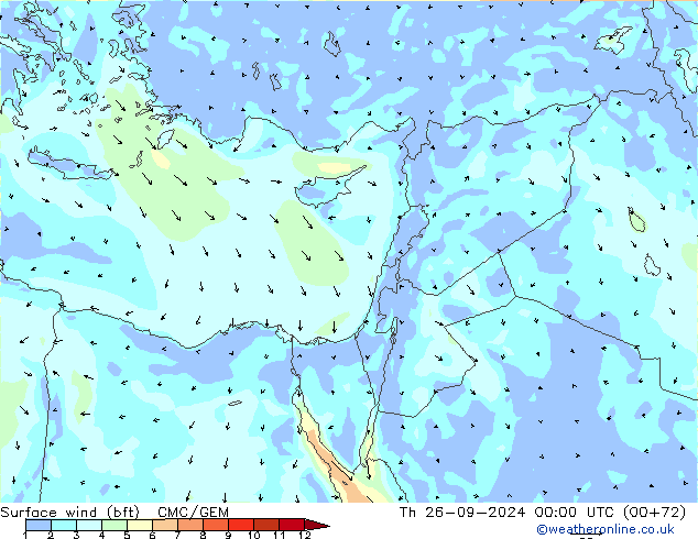 ве�Bе�@ 10 m (bft) CMC/GEM чт 26.09.2024 00 UTC
