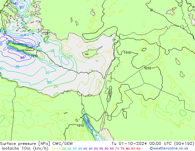 Isotachs (kph) CMC/GEM Tu 01.10.2024 00 UTC