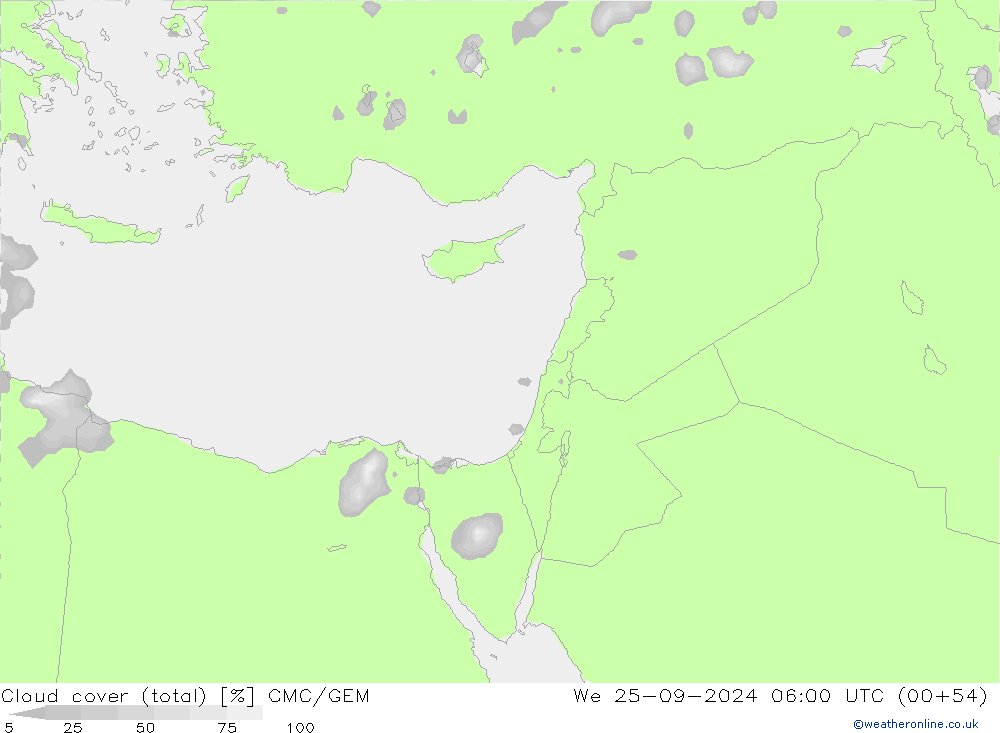 Cloud cover (total) CMC/GEM We 25.09.2024 06 UTC