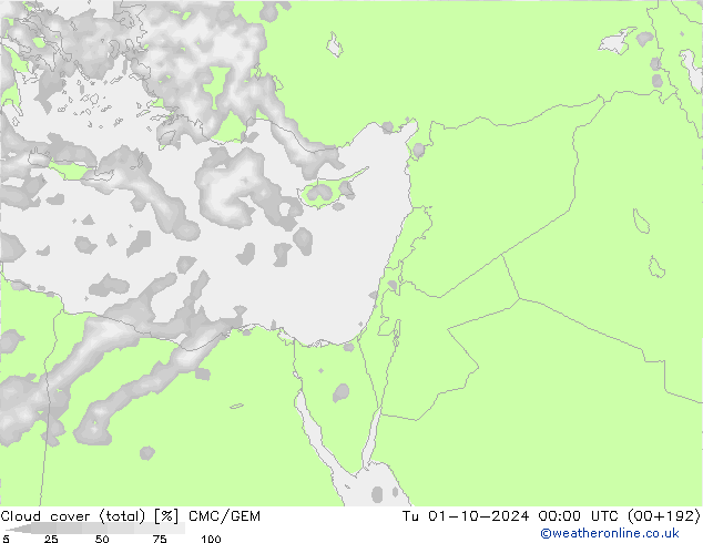 Cloud cover (total) CMC/GEM Tu 01.10.2024 00 UTC