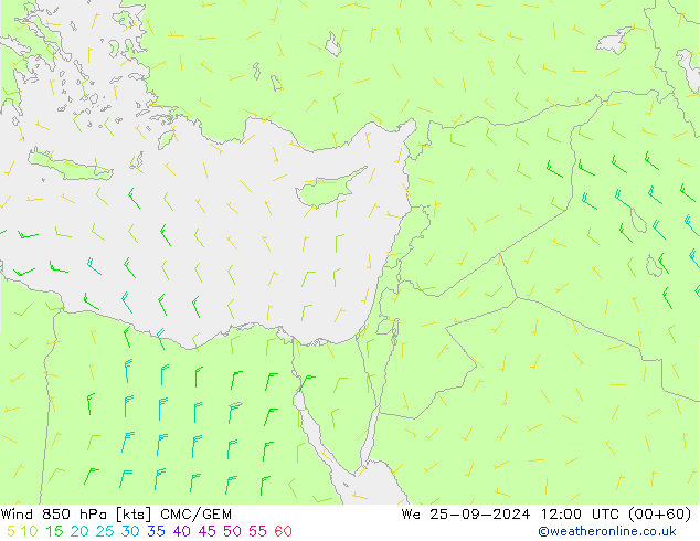 Wind 850 hPa CMC/GEM We 25.09.2024 12 UTC