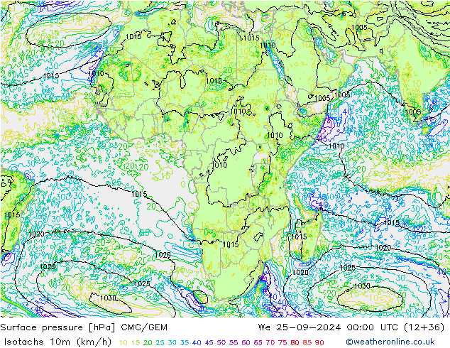 Isotachs (kph) CMC/GEM We 25.09.2024 00 UTC