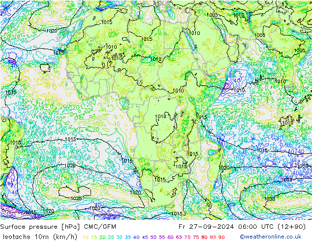 Isotachs (kph) CMC/GEM пт 27.09.2024 06 UTC