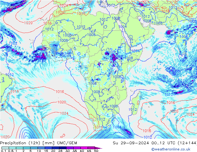 Precipitation (12h) CMC/GEM Su 29.09.2024 12 UTC