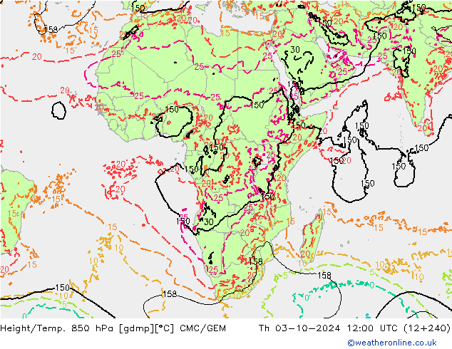 Height/Temp. 850 гПа CMC/GEM чт 03.10.2024 12 UTC