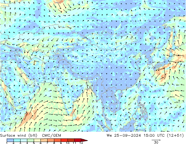 Bodenwind (bft) CMC/GEM Mi 25.09.2024 15 UTC