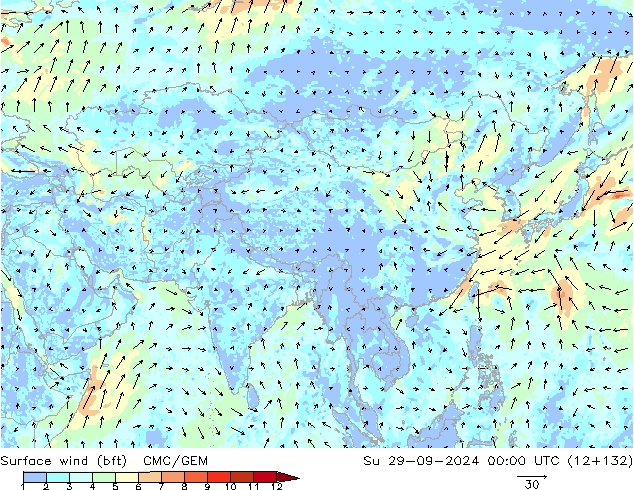 Surface wind (bft) CMC/GEM Su 29.09.2024 00 UTC