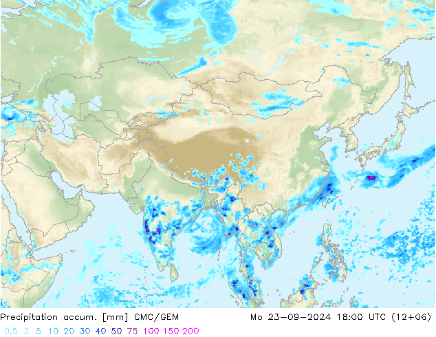 Precipitation accum. CMC/GEM Mo 23.09.2024 18 UTC