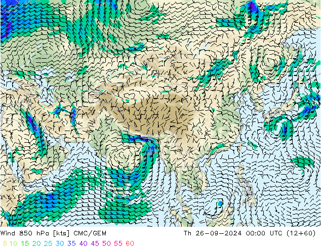 Vento 850 hPa CMC/GEM Qui 26.09.2024 00 UTC