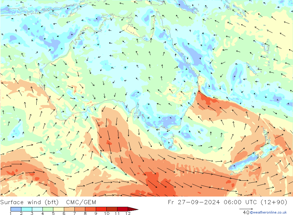 Surface wind (bft) CMC/GEM Pá 27.09.2024 06 UTC