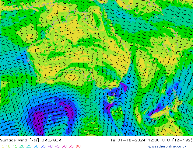 Surface wind CMC/GEM Út 01.10.2024 12 UTC