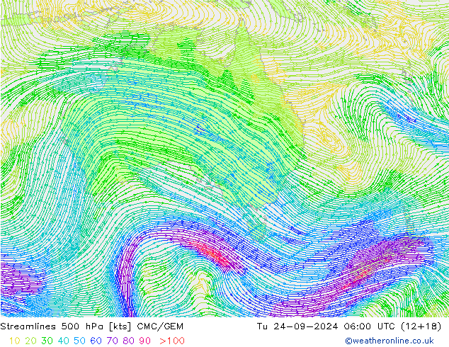 Ligne de courant 500 hPa CMC/GEM mar 24.09.2024 06 UTC