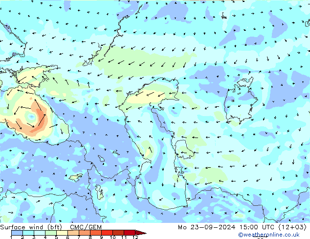 Viento 10 m (bft) CMC/GEM lun 23.09.2024 15 UTC