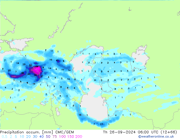 Totale neerslag CMC/GEM do 26.09.2024 06 UTC