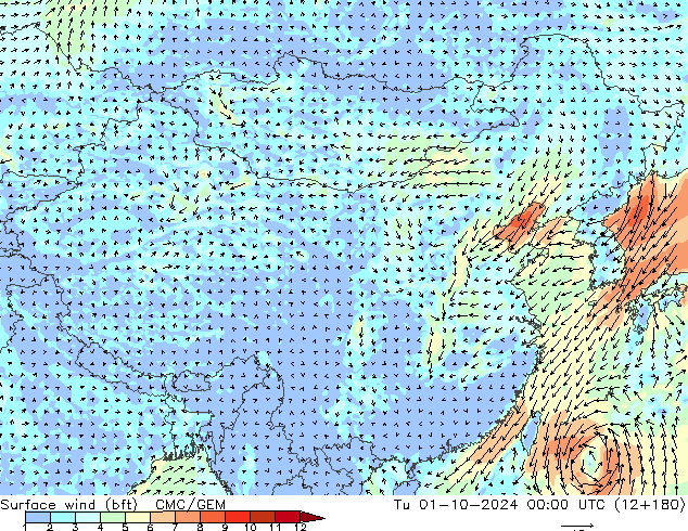 wiatr 10 m (bft) CMC/GEM wto. 01.10.2024 00 UTC