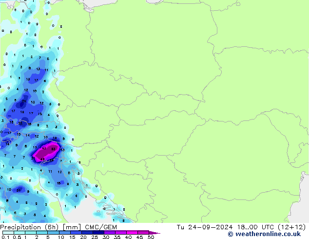 Precipitation (6h) CMC/GEM Tu 24.09.2024 00 UTC