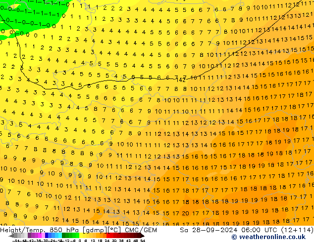 Géop./Temp. 850 hPa CMC/GEM sam 28.09.2024 06 UTC