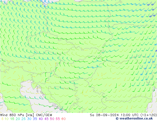 wiatr 850 hPa CMC/GEM so. 28.09.2024 12 UTC