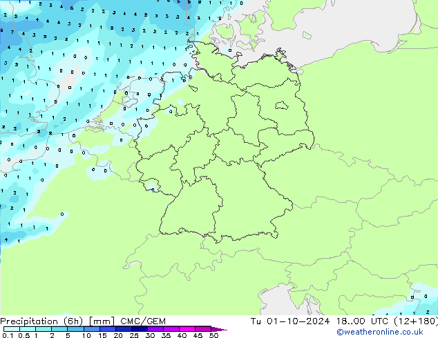 Precipitation (6h) CMC/GEM Út 01.10.2024 00 UTC