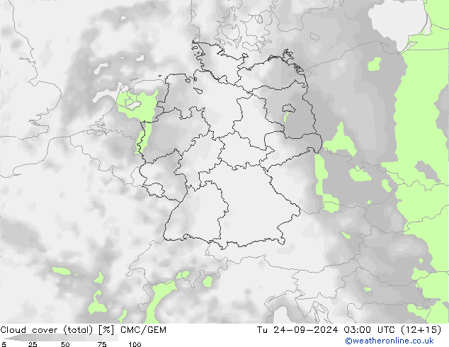 Cloud cover (total) CMC/GEM Tu 24.09.2024 03 UTC