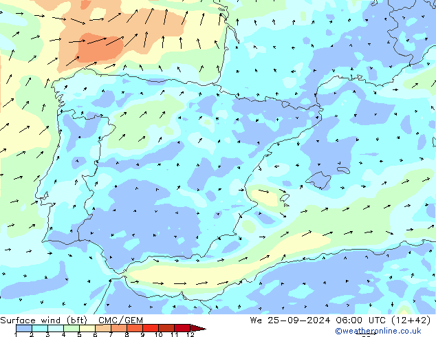 Viento 10 m (bft) CMC/GEM mié 25.09.2024 06 UTC