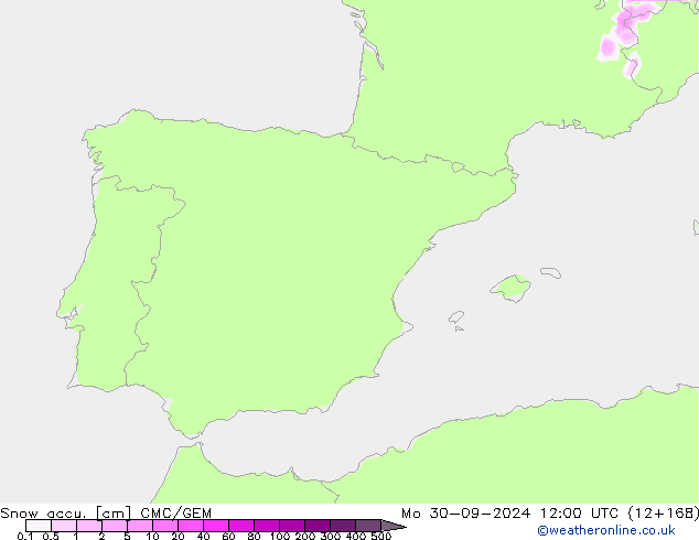 Snow accu. CMC/GEM Mo 30.09.2024 12 UTC